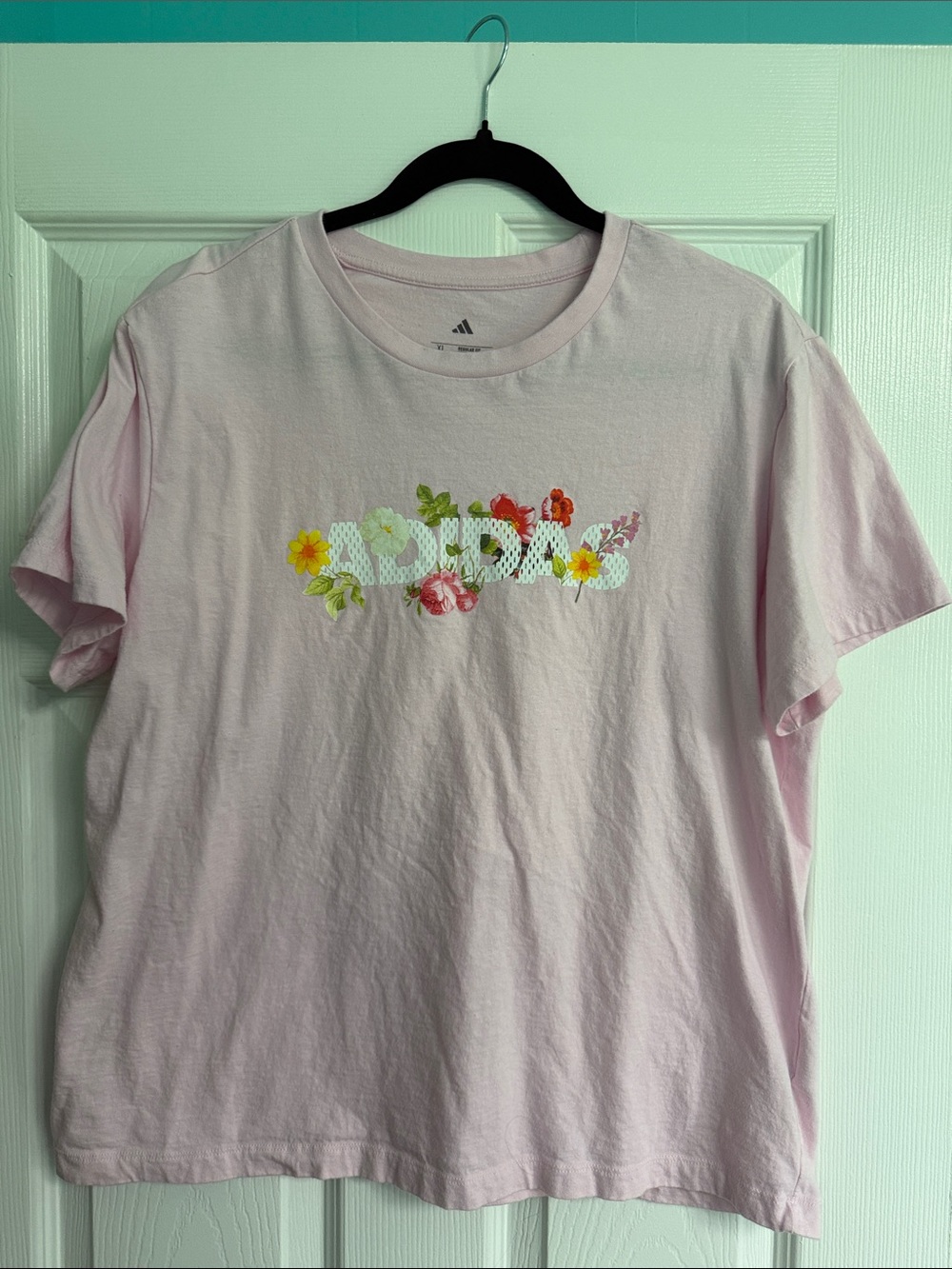 adidas Light Pink Tee with Floral Logo XL